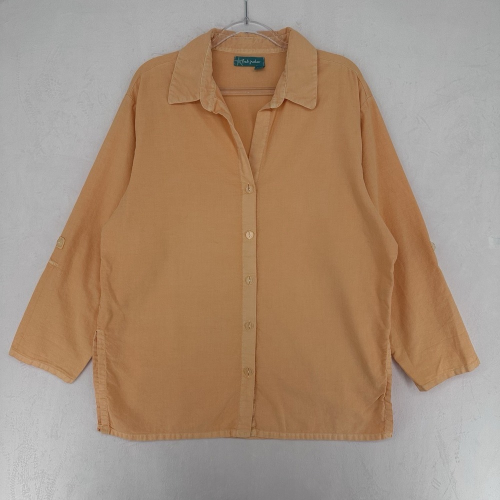 Fresh Produce Button Up Tunic Top Women's‎ M/L Orange Roll Tab Sleeves Cotton